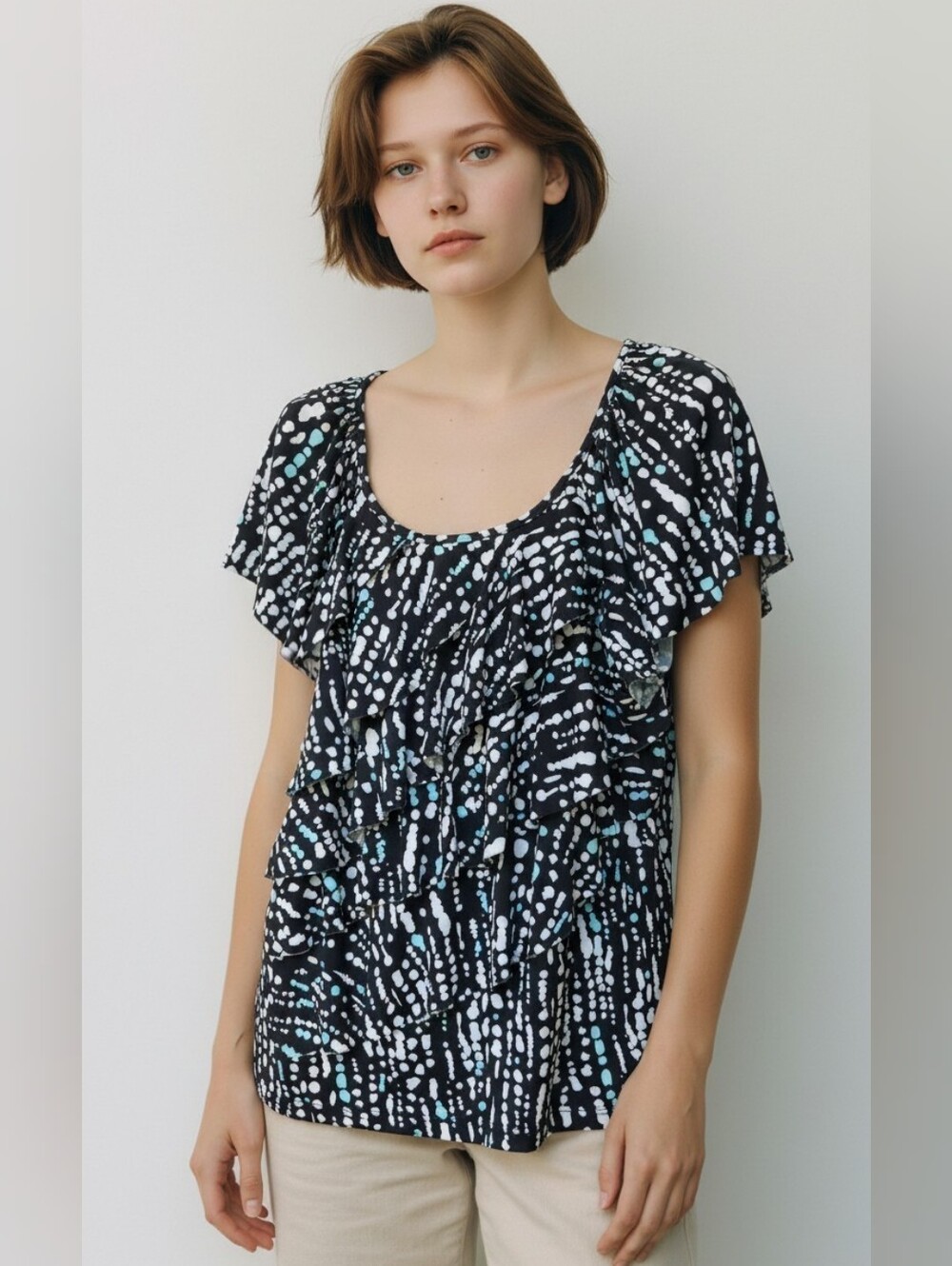 AB Studio-Black Abstract Dot Ruffle-Sleeve Blouse #BL4